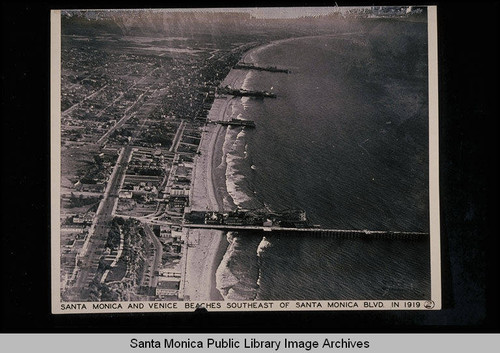 Santa Monica and Venice beaches looking southeast of Santa Monica Blvd., Santa Monica Pier in foreground