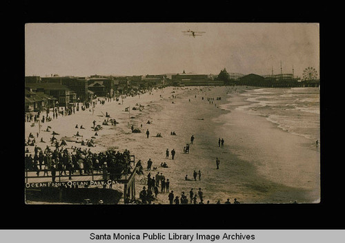 Ocean Park beach scene looking south to the Ocean Park Pier, Santa Monica, Calif