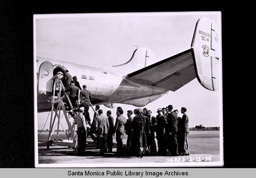 Passengers boarding Douglas DC-4 on February 13, 1939, Santa Monica, Calif