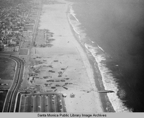 Looking south from the remains of the Pacific Ocean Park Pier, Santa Monica in the fog, July 16, 1975