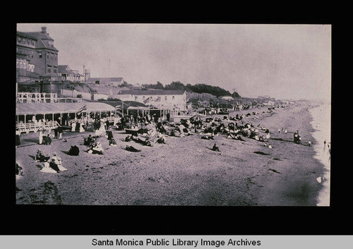 Beach in front of the Arcadia Hotel, Santa Monica, Calif