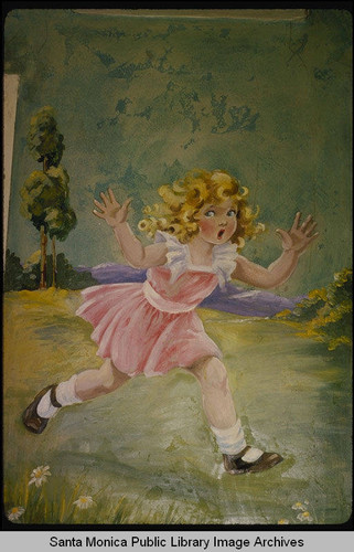 Eulalie Banks Wilson murals in the Children's Department of the Santa Monica Public Library (503 Santa Monica Blvd.) : Miss Muffet running