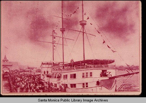 Masted ship docked at the Venice Pier, Calif