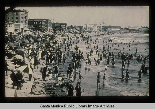 Crowded beach south of the Santa Monica Pier, Santa Monica, Calif