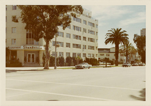 East side of Ocean Avenue (1201 to 1359), looking south from Arizona Avenue on Febuary 14, 1970. Shangri-La Apartments is in view