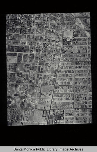 Aerial survey of the City of Santa Monica north to south (north is right side of image) Santa Monica High School on Pico Blvd. to John Adams Junior High School and Ocean Park Blvd. (Job#C235-C8) flown in June 1928