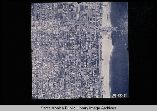 Fairchild Aerial Surveys photography of Santa Monica coastline south to north from Pico to Rand, City Hall, Santa Monica Pier and Idaho Avenue (Job# VII LA 12) flown November 22, 1957