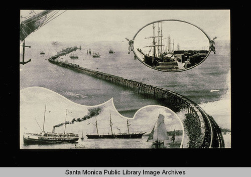 Composite of ships and the Long Wharf freight pier built by the Southern Pacific Railroad Company in 1893