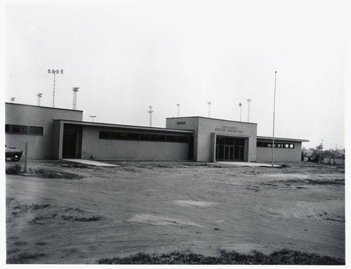 Construction of the Santa Monica Municipal Swimming Pool showing lettering over the Main Entrance, May 18, 1951