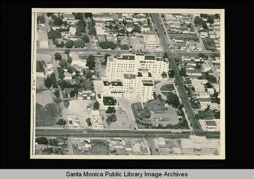 Aerial of St. John's Hospital and surrounding area with Santa Monica Blvd. in the foreground