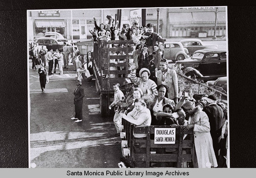 Truck transport for Douglas Aircraft Company Santa Monica plant workers during the the Los Angeles 24-hour street car strike on July 22, 1943