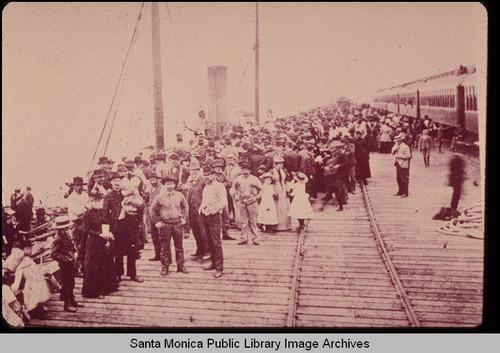 Long Wharf and the first steamer, the S.S. Mateo, Santa Monica, Calif