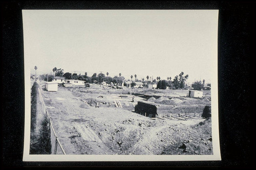 Construction of the Santa Monica Municipal Pool, footings poured and footing forms in diving pool, started July 26, 1950