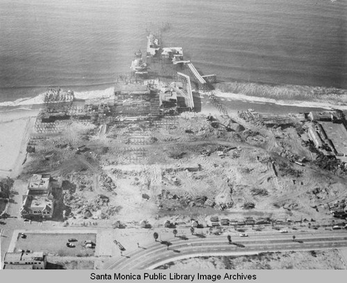 Aerial view of the remains of the Pacific Ocean Park Pier, Santa Monica, November 26, 1974, 10:30 AM