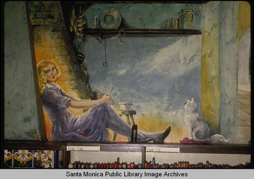 Eulalie Banks Wilson murals in the Children's Department of the Santa Monica Public Library (503 Santa Monica Blvd.) : Miss Muffet with cat