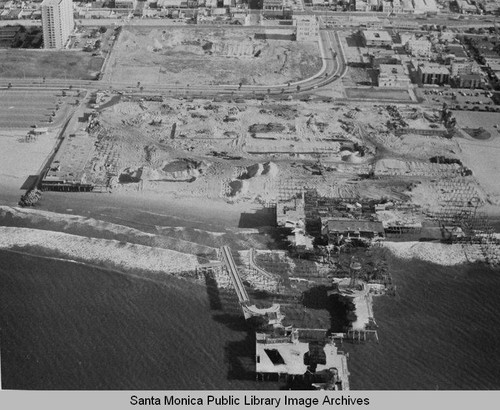 Aerial view of the remains of the Pacific Ocean Park Pier, Santa Monica looking east toward Neilson Way, December 23, 1974