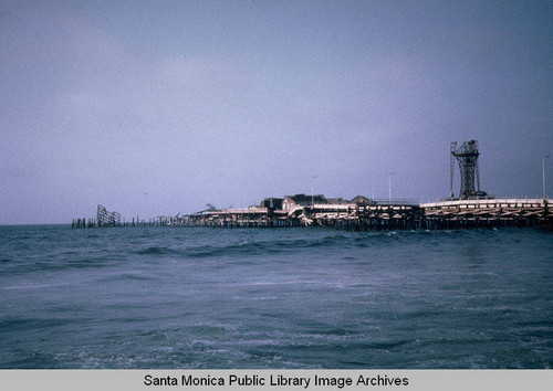 South view of abandoned Pacific Ocean Park Amusement Pier (POP opened July 22, 1958 and was closed in 1967) Santa Monica, Calif