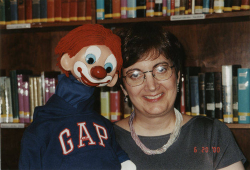 Portrait of Ilene Cohen and puppet Woody at the Main Library, 1343 Sixth Street in Santa Monica