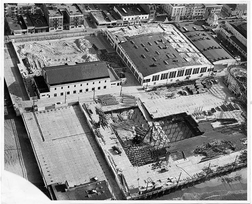 Aerial view of Pacific Ocean Park under construction, Santa Monica, Calif