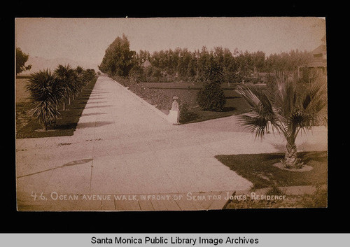 Ocean Avenue and the walkway in front of Miramar, home of Senator John P. Jones, Santa Monica, Calif