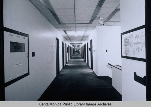 Interior second level corridor 2300 detail view, facing north, Rand Corporation Headquarters, 1700 Main Street, Santa Monica, Calif