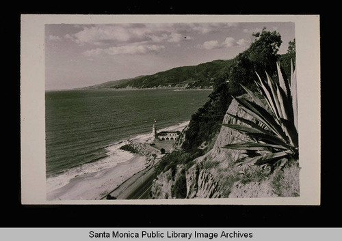 Pacific Coast Highway, Santa Monica Bay and lighthouse at the site of the Long Wharf at Potrero Canyon