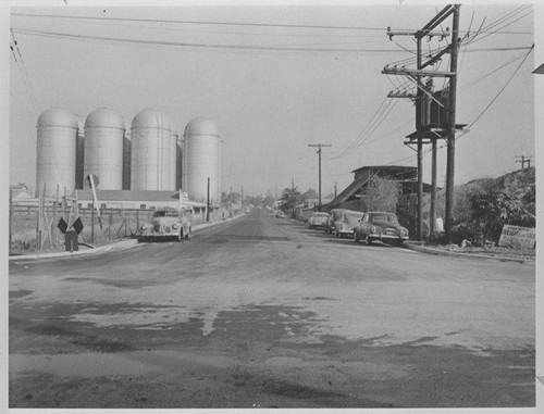 Silos near the Stanford Street widening project, Santa Monica, Calif., July 18, 1955