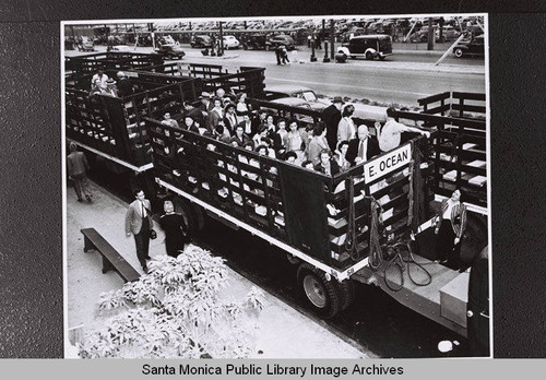 "E. Ocean" truck transport for Douglas Aircraft Company Santa Monica plant workers during the the Los Angeles 24-hour street car strike on July 22, 1943