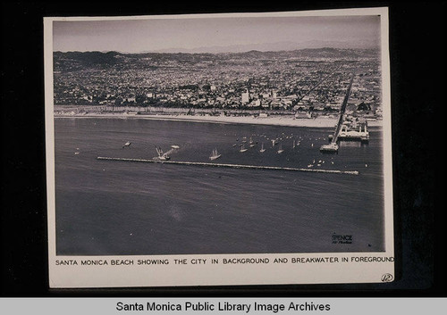 Santa Monica beach from beyond the breakwater looking east to the City on October 28, 1934