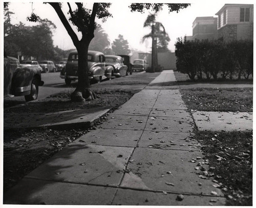 Sunken sidewalk in front of the Studebaker Agency at 1220 Sixteenth Street in Santa Monica, January 27, 1953