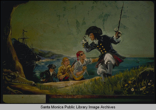 Eulalie Banks Wilson murals in the Children's Department of the Santa Monica Public Library (503 Santa Monica Blvd.) : Captain Hook, crocodile and pirates from Peter Pan