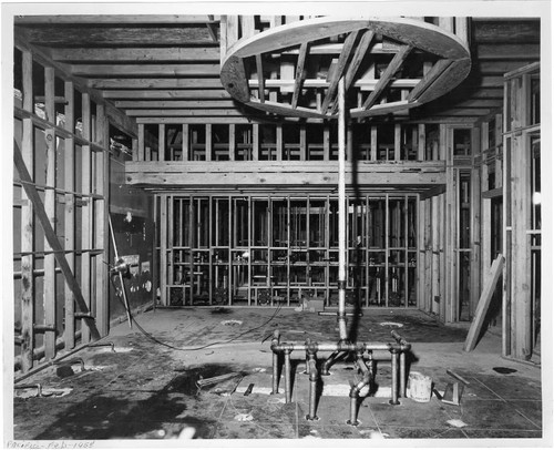 Interior showing exposed pipes at the construction site of Pacific Ocean Park in February, 1958