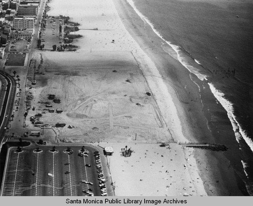 Looking south from beach parking lots and the remains of the Pacific Ocean Park Pier, Santa Monica, August 6, 1975, 2:00 PM