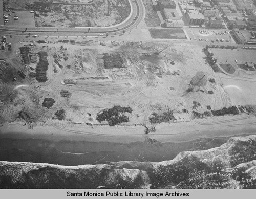 Looking east from the remains of the Pacific Ocean Park Pier toward Nielson Way, April 3, 1975, 11:00 AM