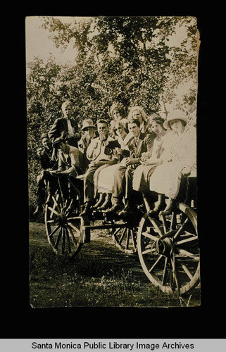 Santa Monica High School students seated in wagon for the Annual Sophomore Class Picnic, May 10, 1913