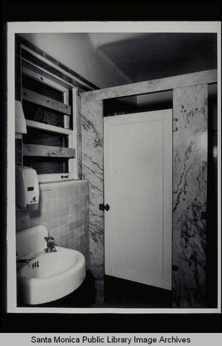 First floor bathroom looking southwest, sinks and stalls, Santa Monica West Health Center, 1525 Euclid Street, built 1928