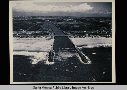 Aerial view of the outlet of La Ballona Creek, Calif. before the entrance channel to Marina Del Rey was dredged