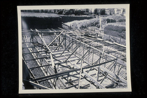 Construction of the Santa Monica Municipal Pool with dive pool ready for pour on August 10, 1950