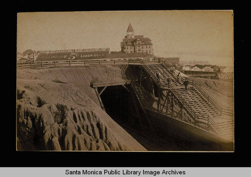 Arcadia Hotel, Eckert and Hopf Pavilion, railroad tunnel, and steps to the beach, Santa Monica, Calif