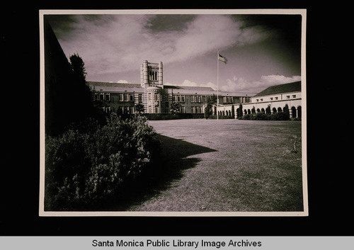 Lincoln Junior High School with flag flying, California Avenue, Santa Monica, Calif