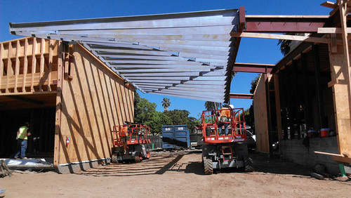 Trellis between the Annex and the library during construction of Pico Branch Library, June 27, 2013, Santa Monica, Calif