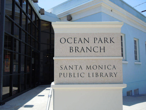 Ocean Park Branch Library four-sided pedestal signage by the Norman Place entrance, installed April 18, 2011