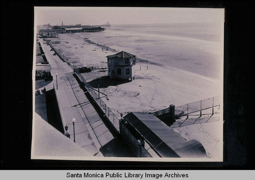 Santa Monica tide studies looking south to the Pacific Bathhouse and Ocean Park Pier past the Rendezvous Ballroom and Crystal Pier with tide 0.8 feet at 1:20 AM on December 15, 1937