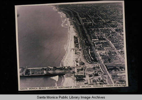 Santa Monica Beach looking northwest from Arcadia Terrace with the Santa Monica Pier in foreground on February 19, 1926