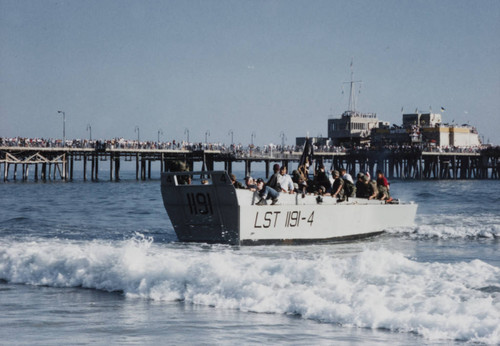 Higgins Boat approaching the shore during the reenactment of D-Day landing, Santa Monica, Calif