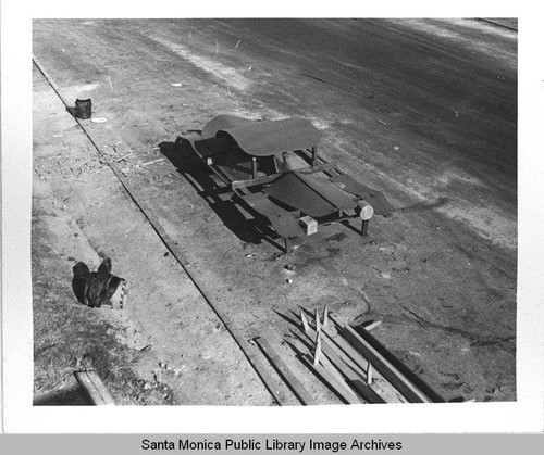 Detail of a dummy vehicle which was part of the camouflage designed by landscape architect Edward Huntsman-Trout to cover the Douglas Aircraft Company plant in Santa Monica during World War II