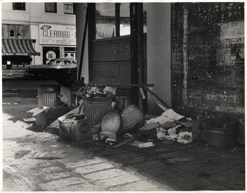 Pile of trash in a street corner, Santa Monica, Calif