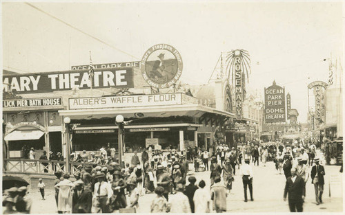 Rosemary Theatre, Alber's Waffle Flour and the Dome Theatre on the Ocean Park Pier, Santa Monica, Calif