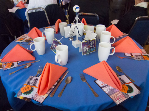 Table setting featuring Santa Monica Public Library Image Archives postcards at the Boards and Commissions dinner on May 11, 2015, Santa Monica, Calif