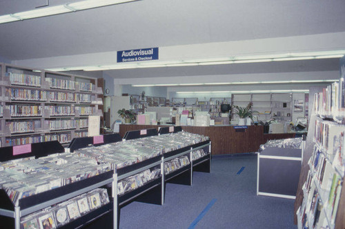 Interior of the Main Library at 1343 Sixth Street in Santa Monica before the 1999 interim remodel designed by Architects Hardy Holzman Pfeiffer